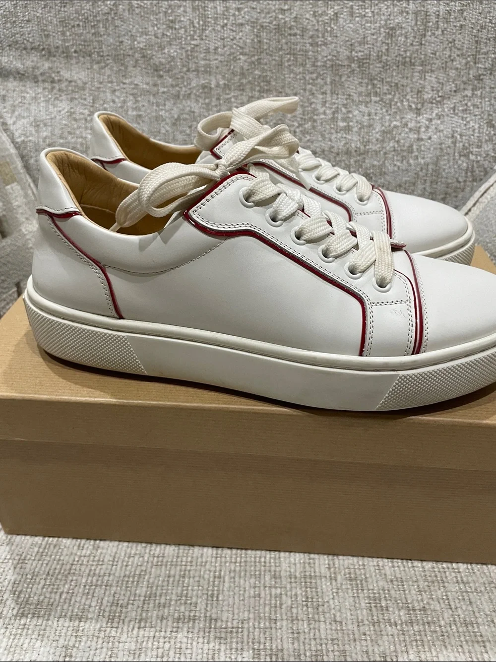 Christian Louboutin White Leather Low-Top Sneakers with Red Piping